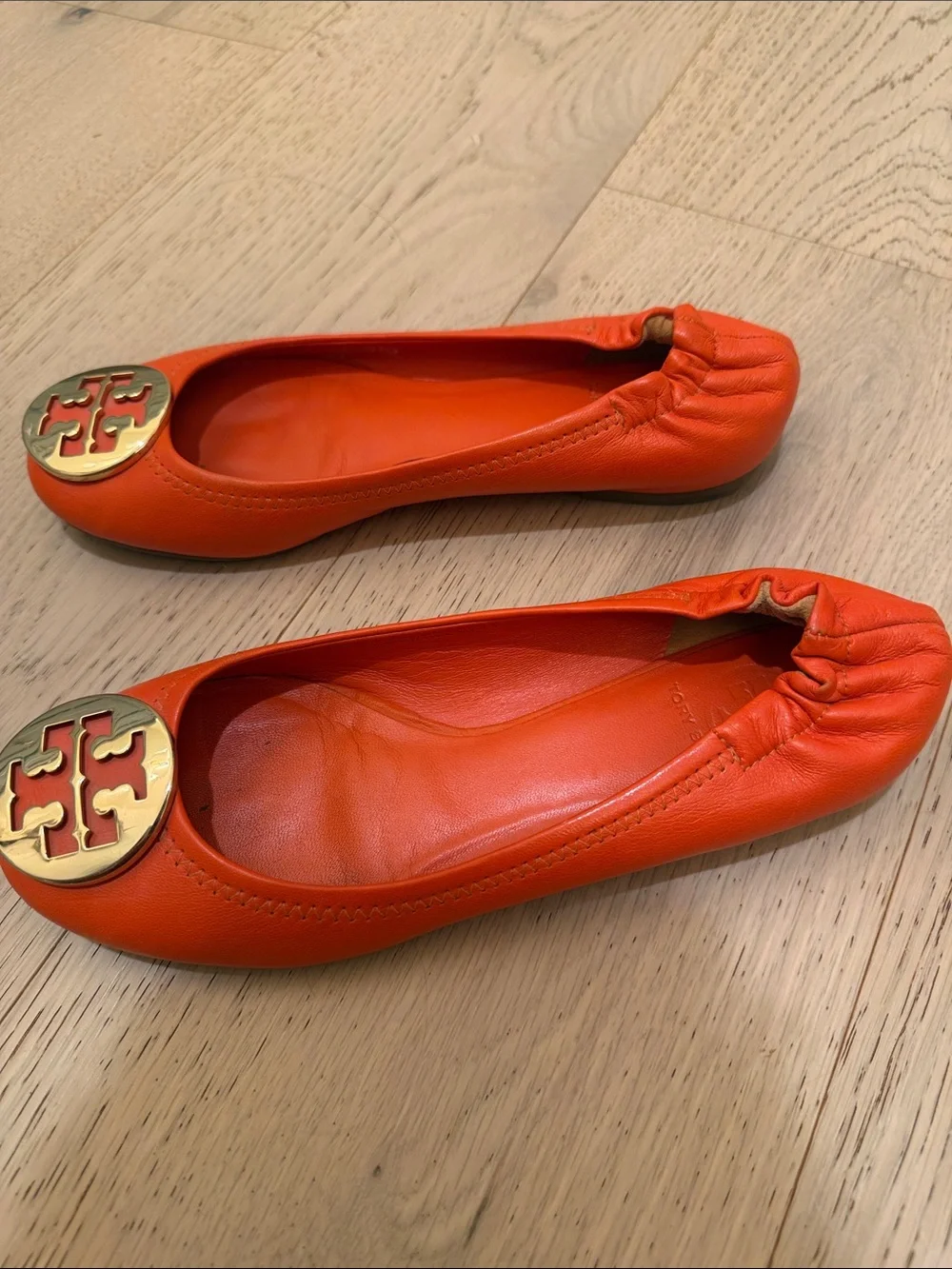 Tory Burch Bright Orange Leather Logo Ballet Flats